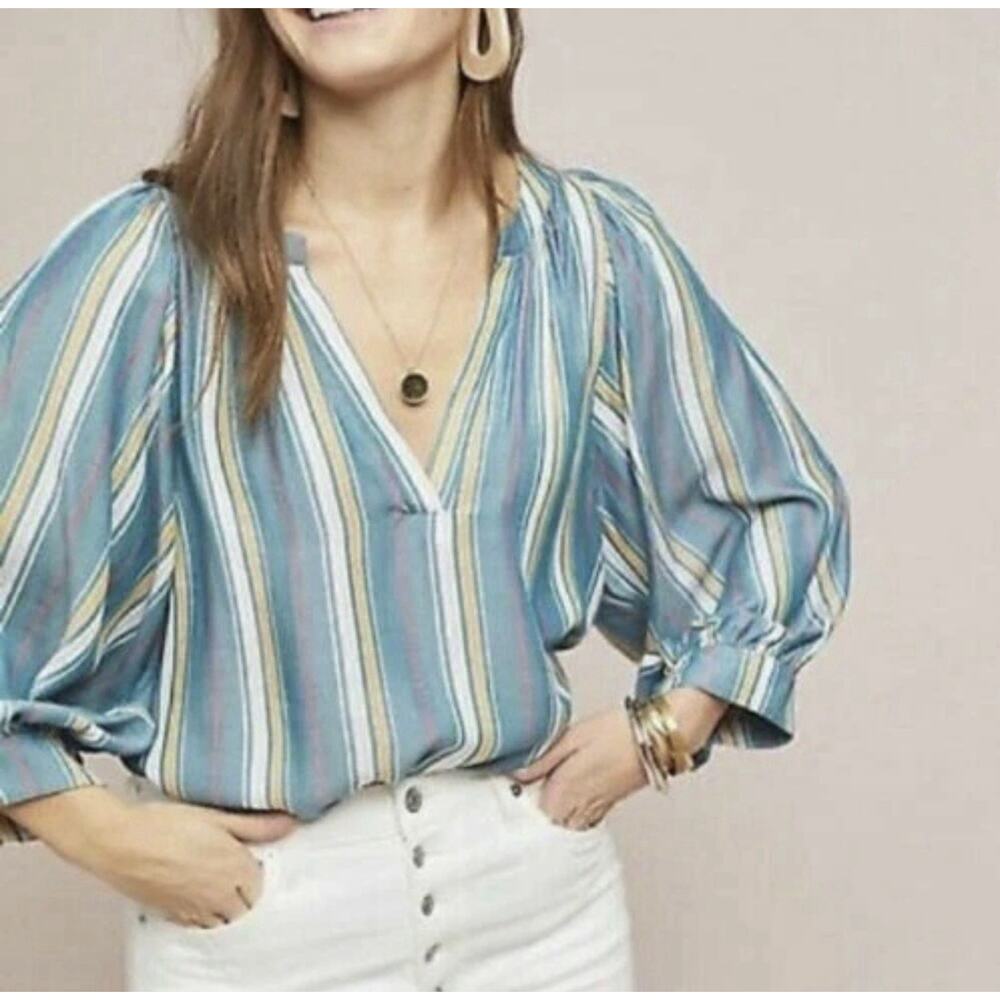 Maeve by Anthropologie Byron Blue Striped Balloon Sleeve Peasant Blouse Medium - Picture 10 of 11